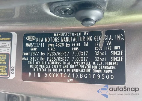 2011 Kia Sorento Lx из США, поврежденный, VIN 5XYKT3A1XBG169500